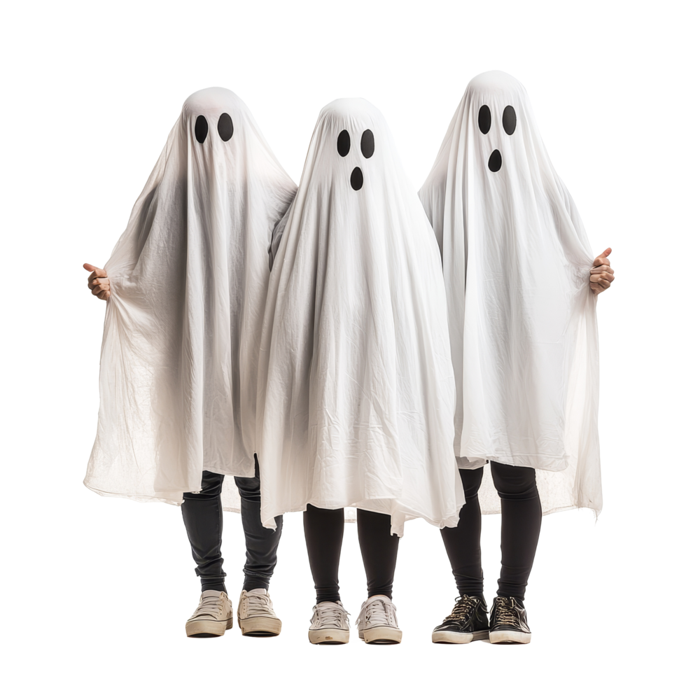 People dressed as ghosts for Halloween gathering, posing together in a bright, isolated background, People disguised in a ghost for halloween isolated on transparent background png
