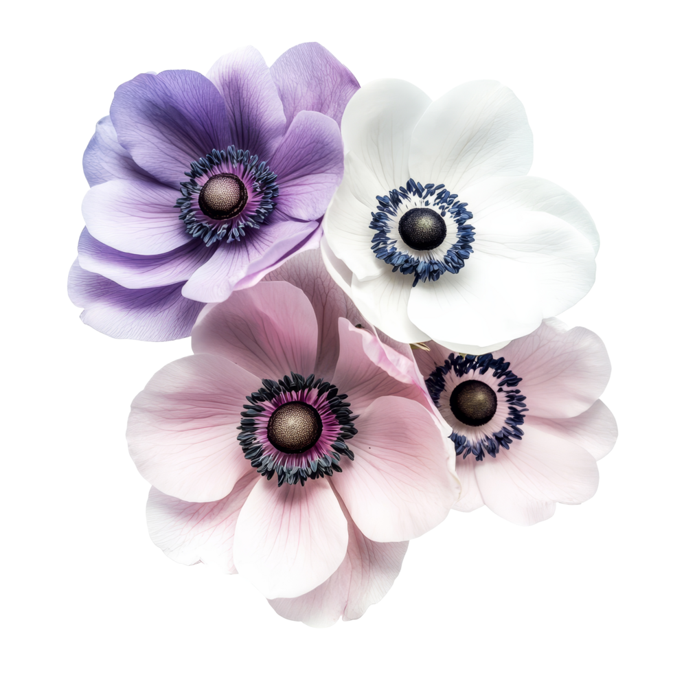 Beautiful anemone flowers in various colors isolated on a transparent background for decoration, anemone flowers isolated transparent background png