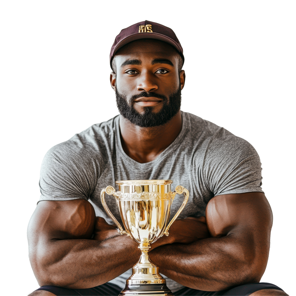 Athlete proudly displaying trophy while seated against a transparent background in a fitnessfocused setting, Fit Male Athlete with Trophies on transparent background png