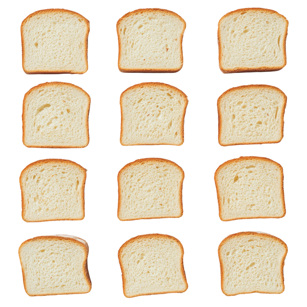 Rows of neatly arranged slices of bread displayed on a clean transparent background for a culinary presentation, Rows of bread, rows of slices on transparent backgroundfile png