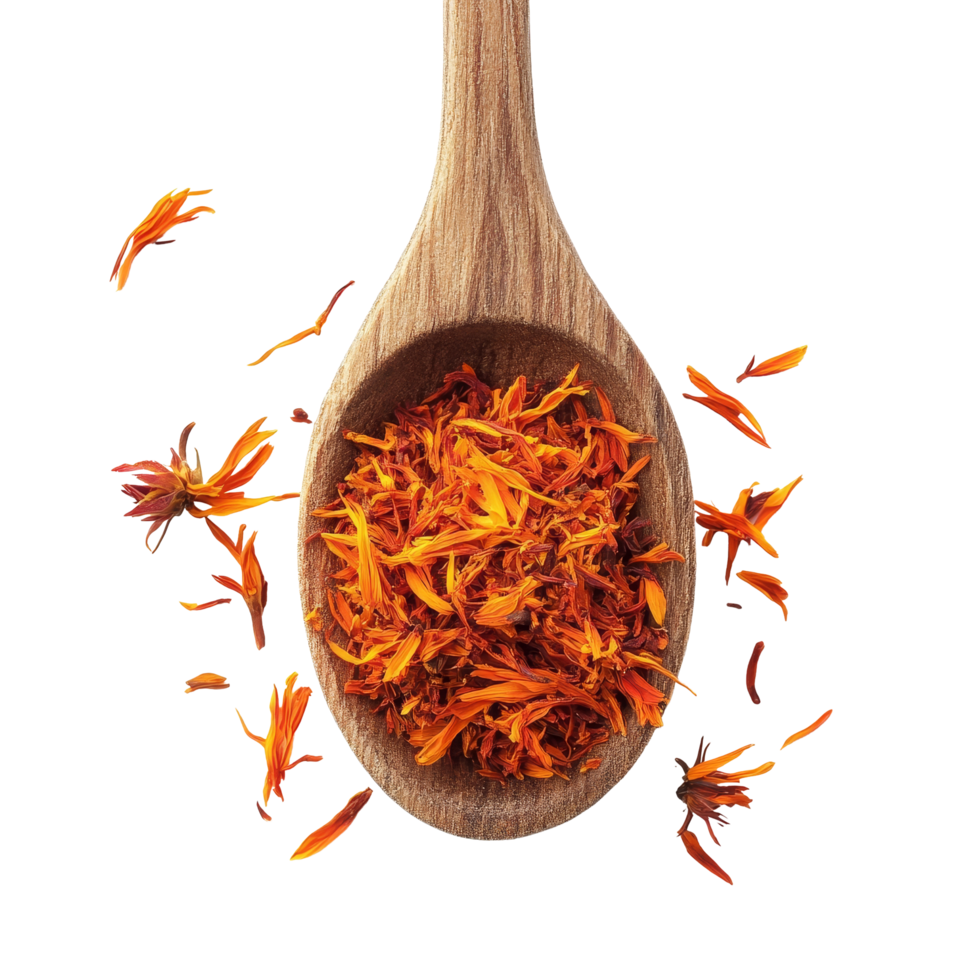 Bright safflower petals in a wooden spoon against a crisp transparent background, showcasing natural beauty and culinary use, safflower in wood spoon on transparent background png