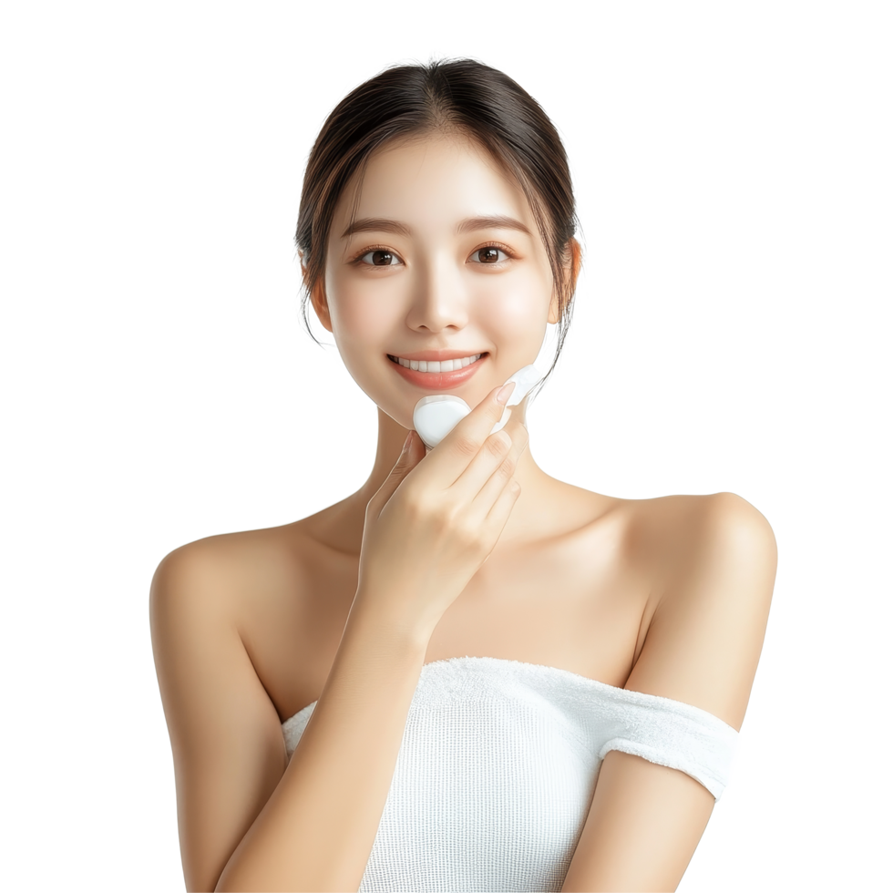 Young Asian woman applying lotion in a studio setting during daylight hours, Studio shot Beautiful young Asian woman applying lotion on shoulder isolated transparent background png