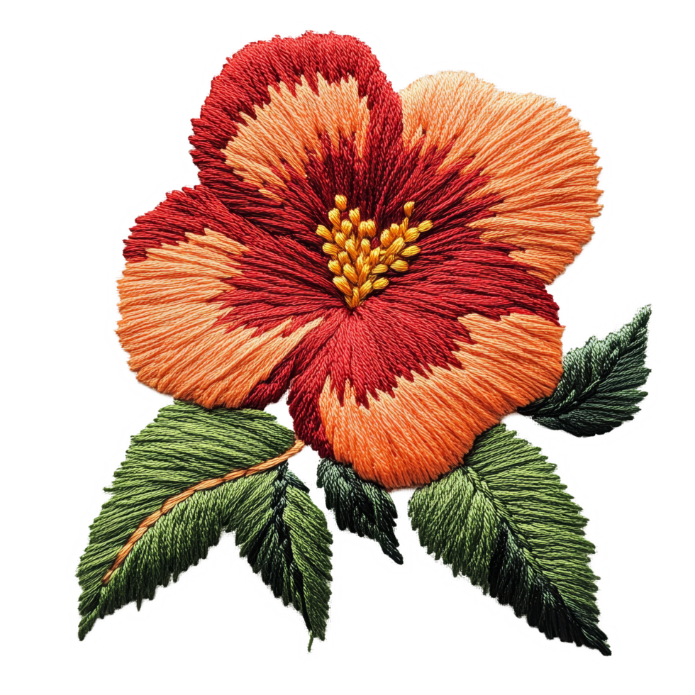 Beautifully crafted floral embroidery design featuring an orange and red flower against a soft transparent background, Embroidery flower on a transparent background. Flower transparent background png