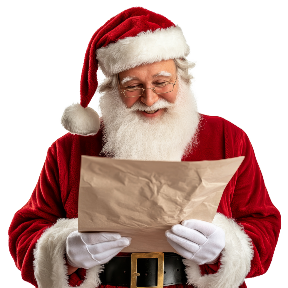 Santa Claus joyfully checking his gift list while dressed in his traditional red outfit against a clean transparent background, Santa claus smiling when reading gift list on transparent background png