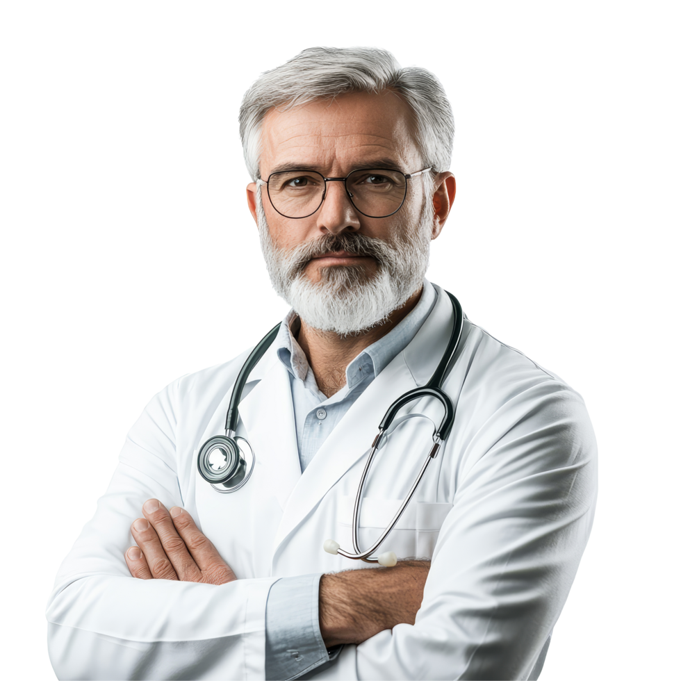 Mature male doctor with stethoscope in professional attire expressing confidence in a clinical setting, Portrait of Mature Male Doctors with Stethoscope on transparent background png