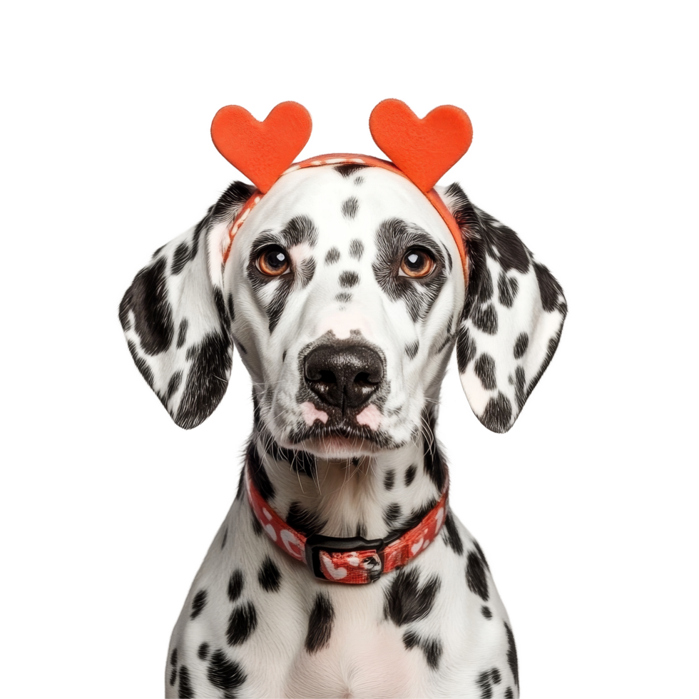 A cute Dalmatian dog wearing a heart headband against a transparent backdrop adds charm to any setting, Cute Dalmatian Dog with Heart Headband on transparent background png