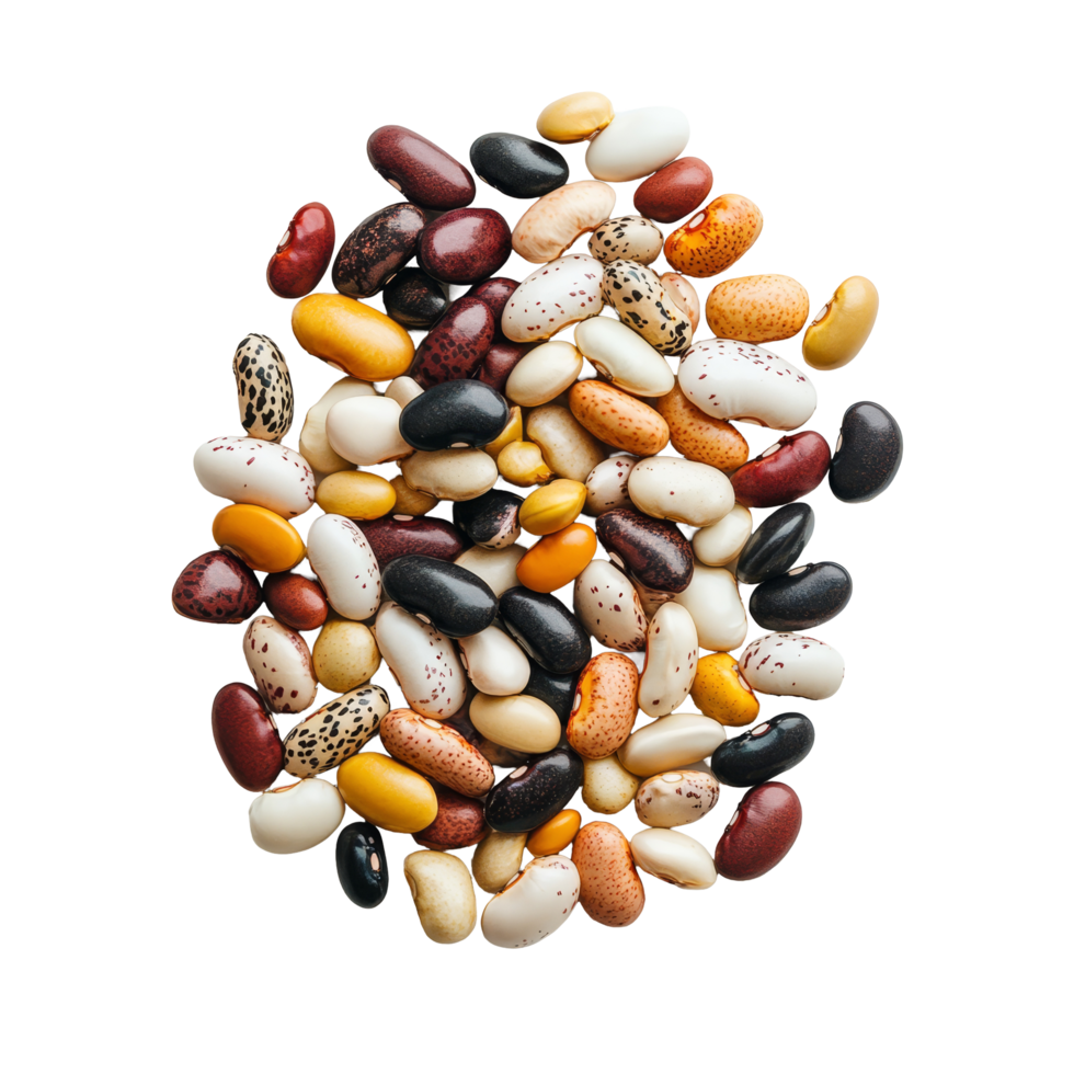 A variety of colorful beans arranged on a transparent background in a pleasing display, roasted coffee beans top view on transparent background png