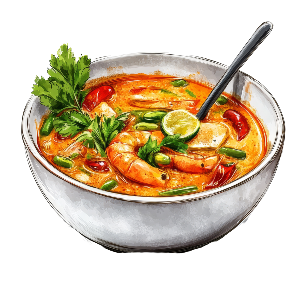 Delicious Tom Yam Kung soup served in a bowl against a transparent background, showcasing vibrant Thai flavors, Tom Yam Kung soup Thai cuisine on transparent background png