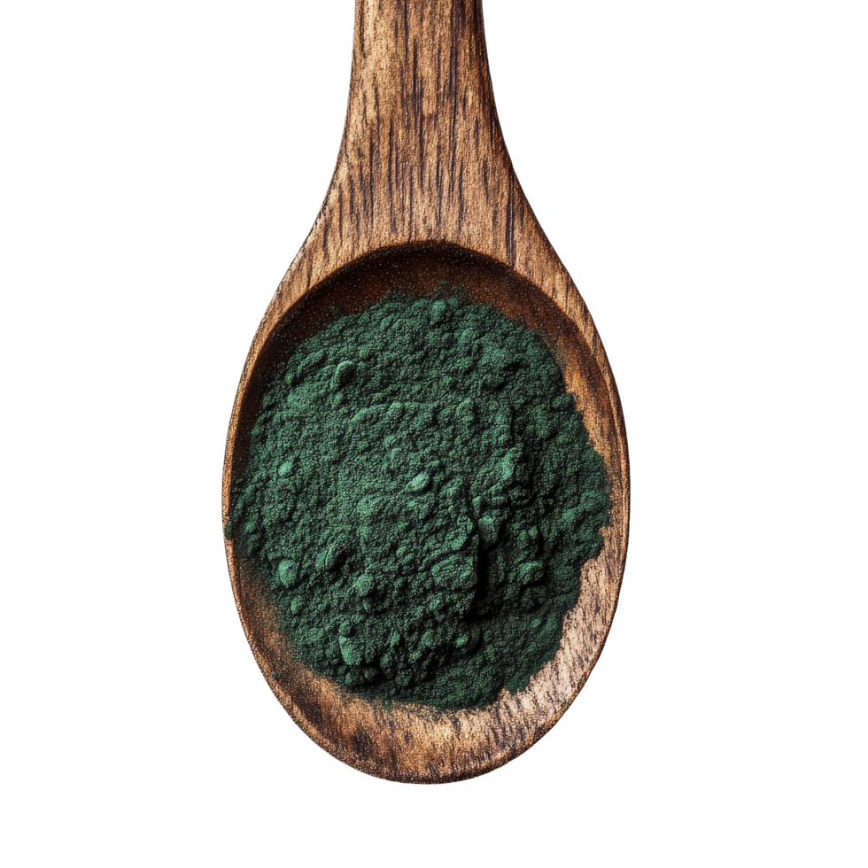 Spirulina powder on a wooden spoon showcasing its vibrant green color, isolated against a transparent background, spirulina powder on wooden spoon isolated on transparent background png