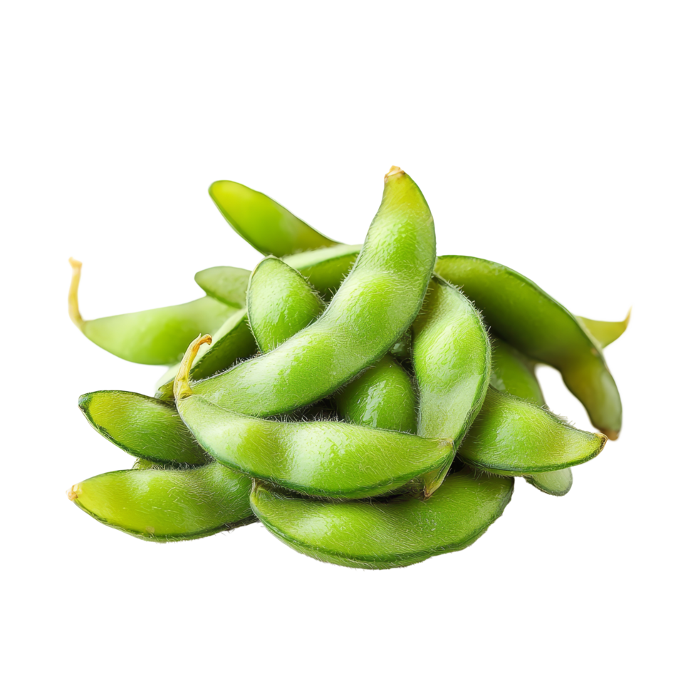 Fresh edamame soybeans arranged on a transparent background, showcasing their vibrant green color and unique shape, edamame soy beans isolated on transparent background png