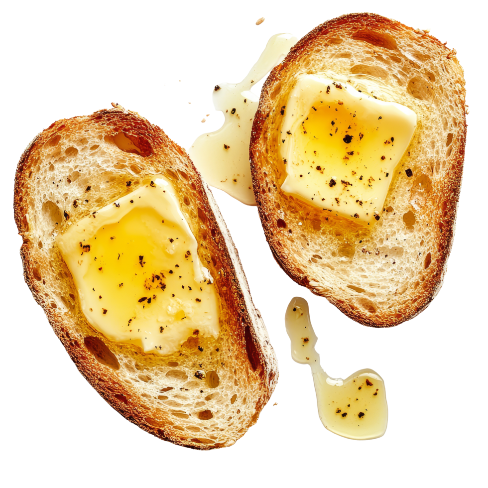 Toasted bread with melted butter drizzled with olive oil on a transparent background, Toasted Bread with Melted Butter on transparent background png