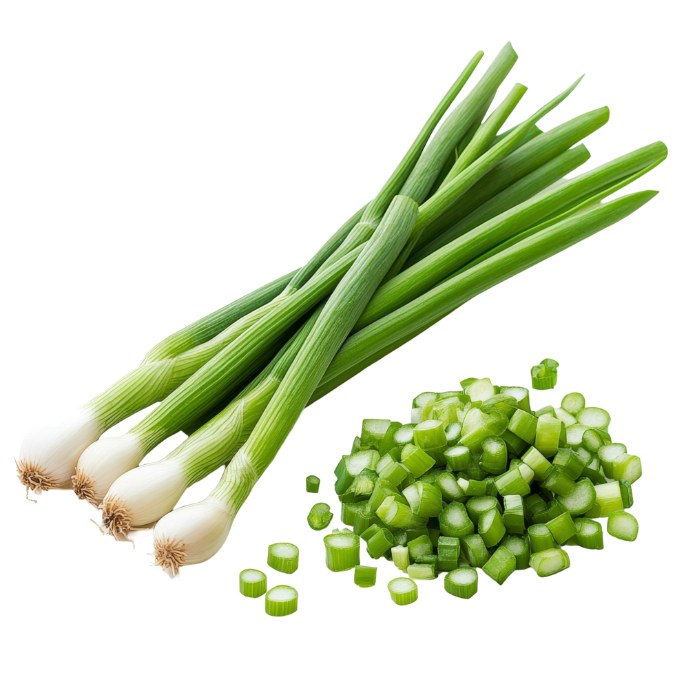 Freshly cut green onions on a transparent background, perfect for garnishing and enhancing culinary dishes, fresh cut green onions isolated on transparent background png
