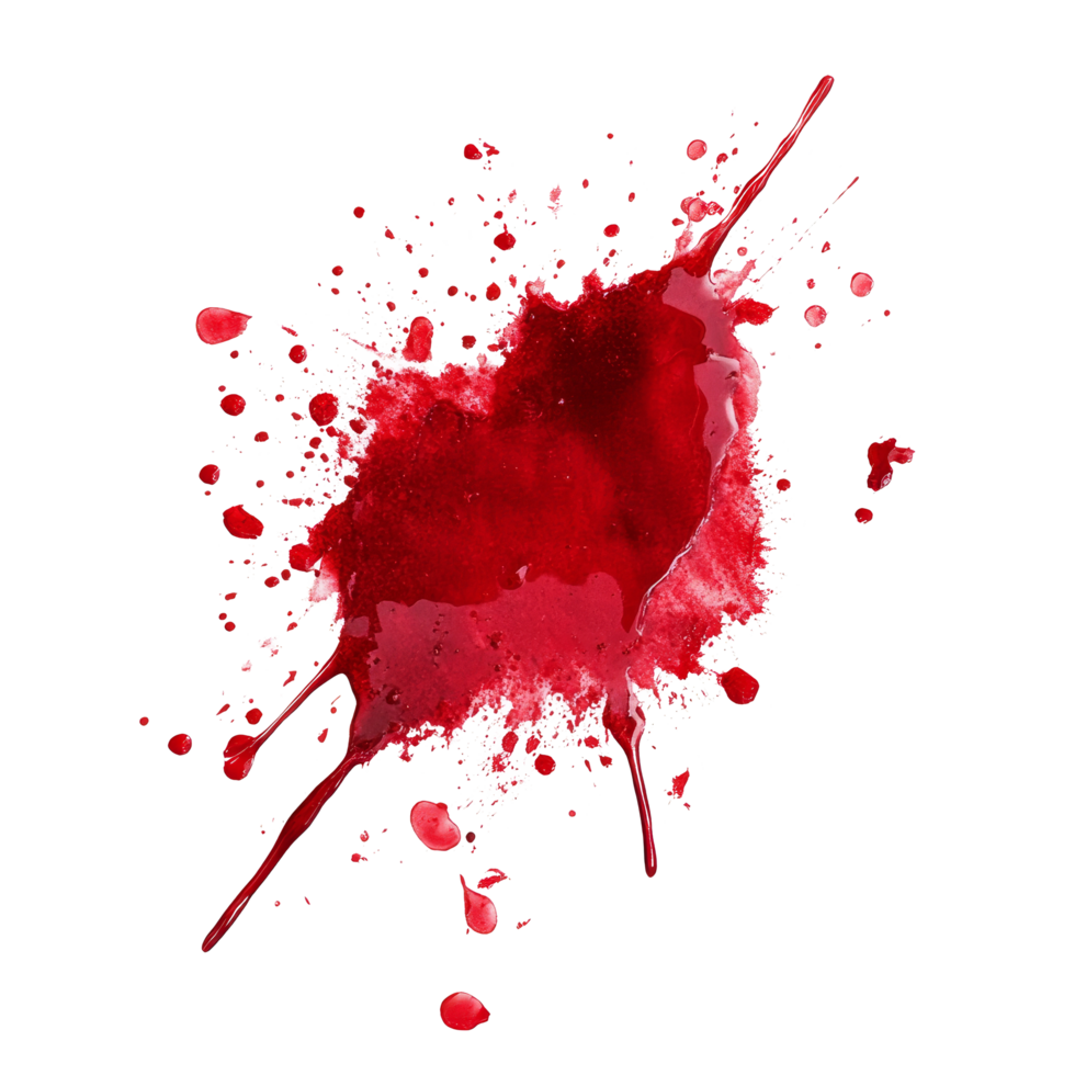 Realistic blood stain on a transparent background showcasing vivid red color and intricate splatter details, Real Blood Stain On transparent background png