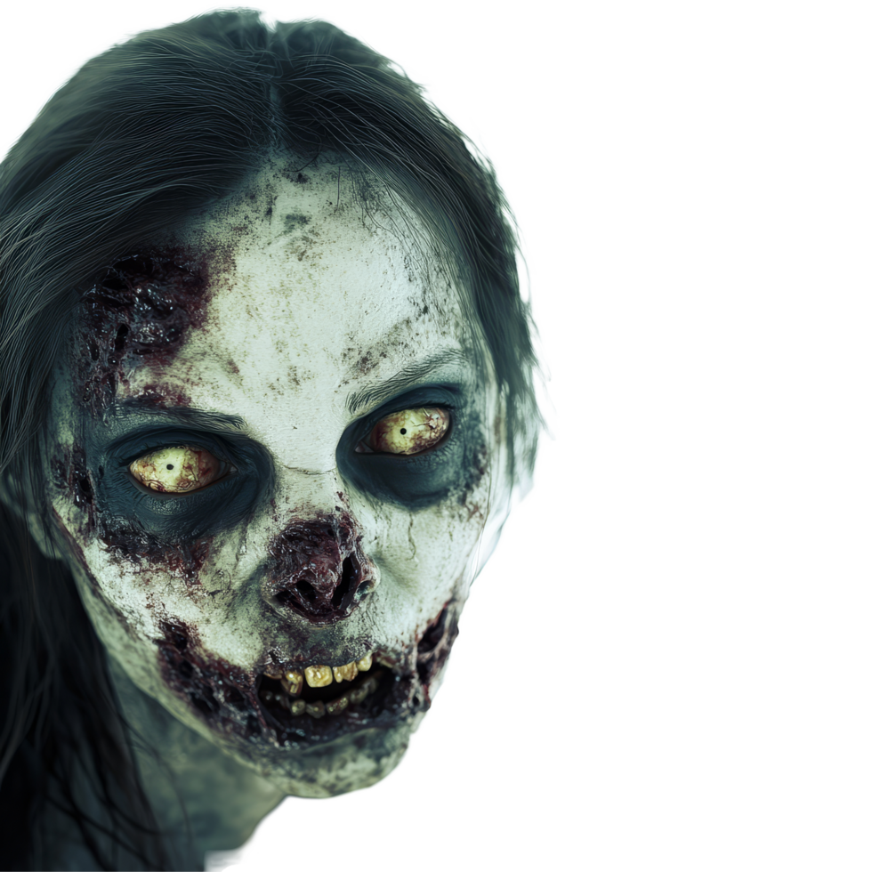 A chilling depiction of a female zombie with haunting features on a stark transparent background, zombie female on transparent background png