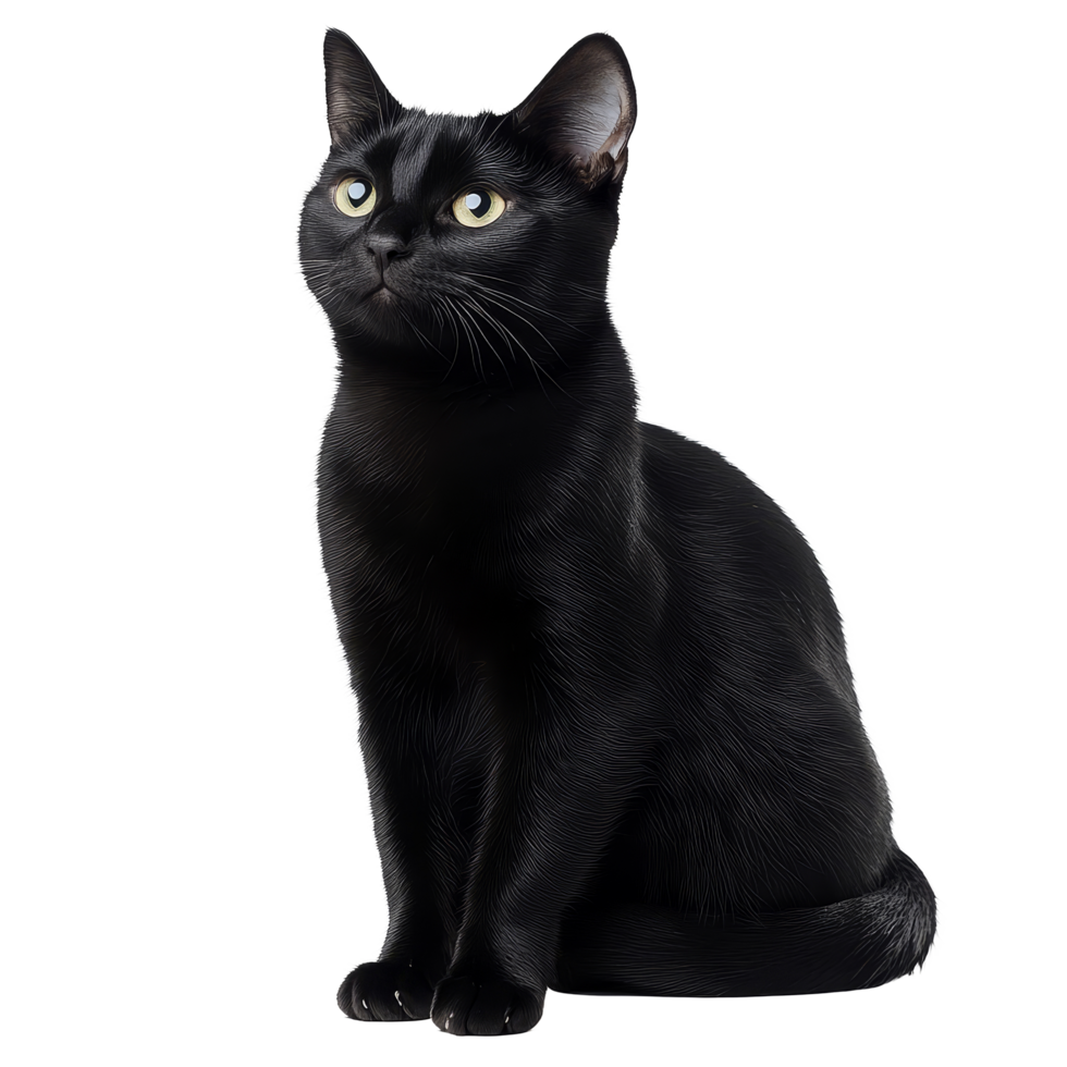 A black cat sitting gracefully against a transparent background, showcasing its vibrant green eyes, black cat sitisolated transparent background png