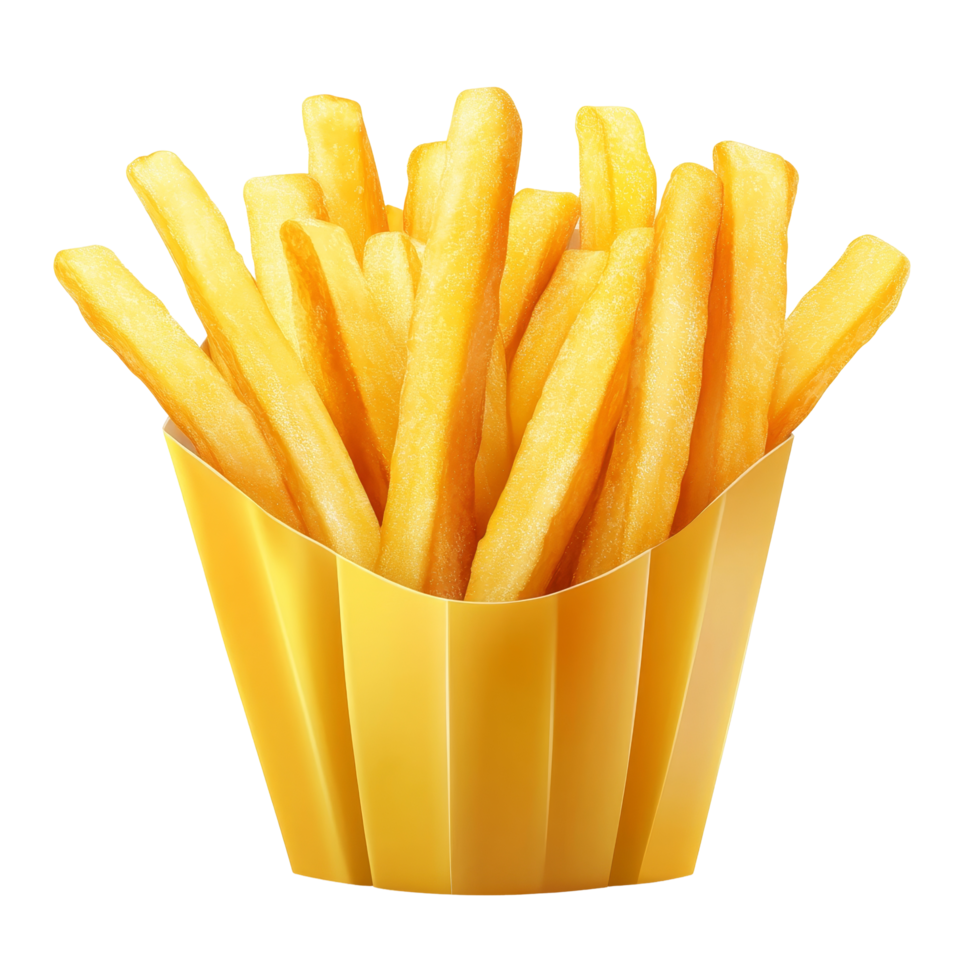 Freshly cooked golden french fries served in a yellow paper cup against a plain transparent background, french fries isolated png