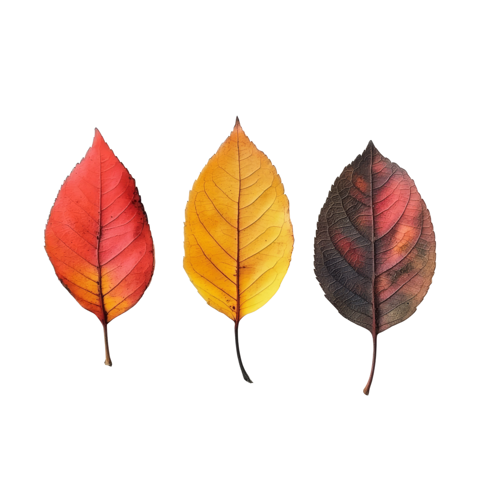 Three vibrant autumn leaves resting on a transparent background showcasing seasonal colors of red, yellow, and brown, Three autumn leaves transparent background png