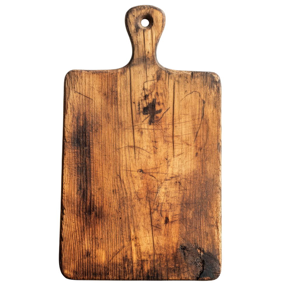 An isolated old wooden cutting board showcasing its rustic texture and wear, perfect for culinary preparations, Isolated old dark wooden cutting board png