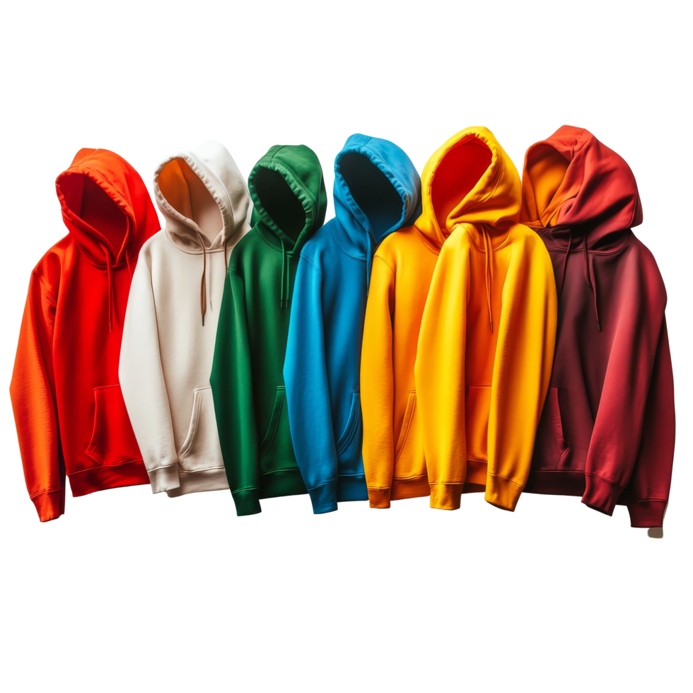 A vibrant collection of colorful hoodies displayed on a clean transparent background showcasing various hues, Variety of Colorful Hoodies on transparent background png