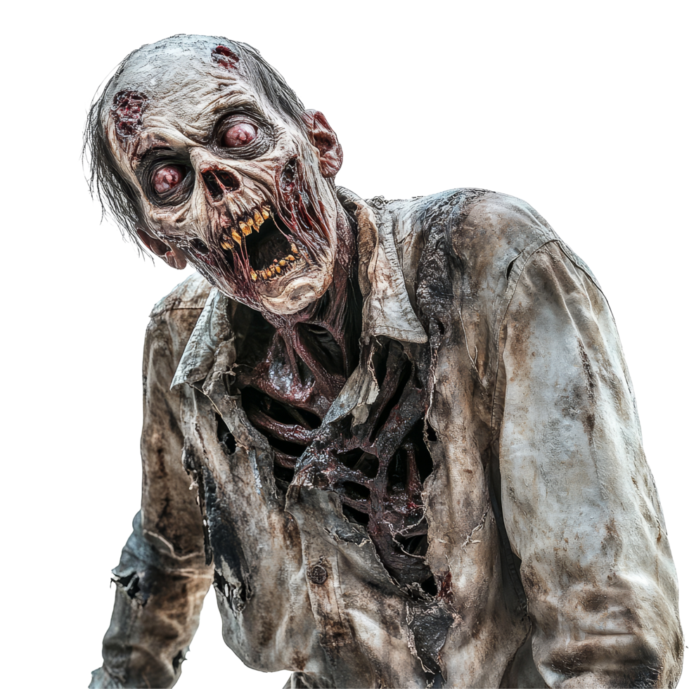 A terrifying zombie with skeletal features and tattered clothing stands menacingly against a transparent background, Terrifying Zombie on transparent background png