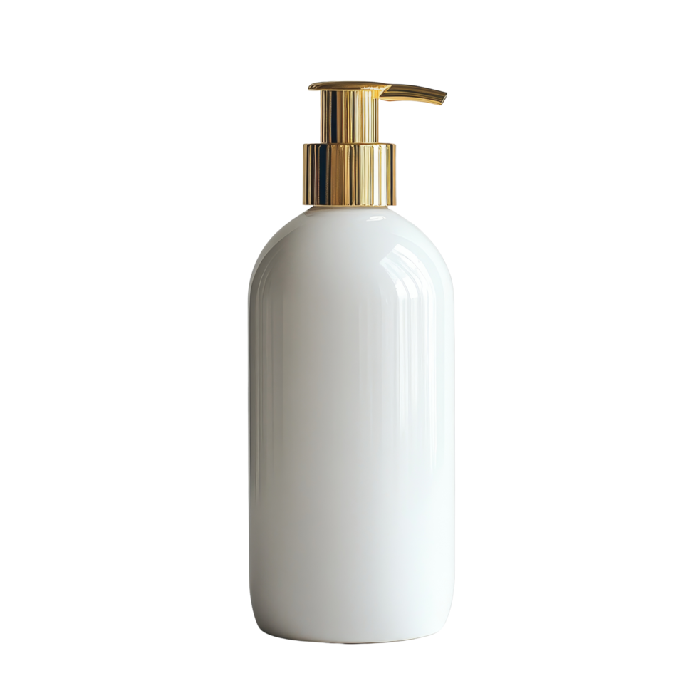 Elegant luxury shampoo bottle with a gold pump on a transparent background, showcasing simplicity and sophistication, Luxury blank shampoo bottle on a transparent background png