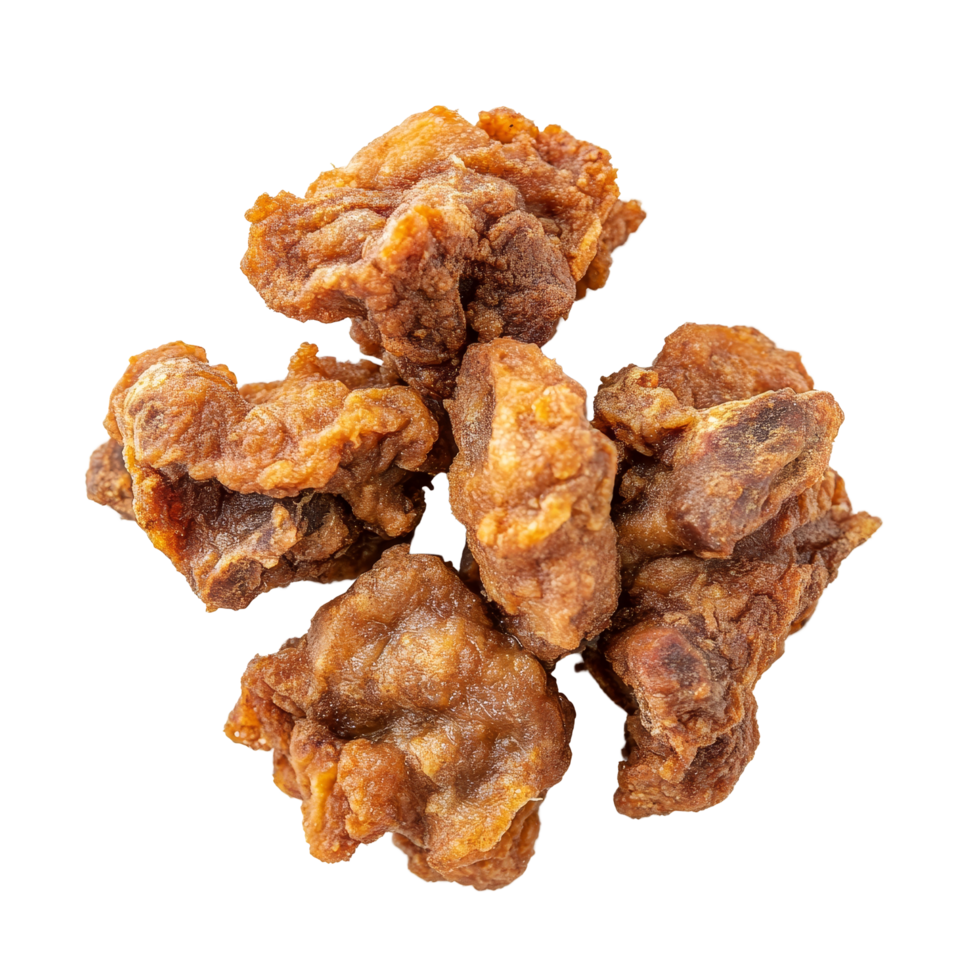 Delicious golden fried meat pieces served on a transparent background, perfect for a hearty meal or snack time treat, Fried meat top view isolated on transparent background png