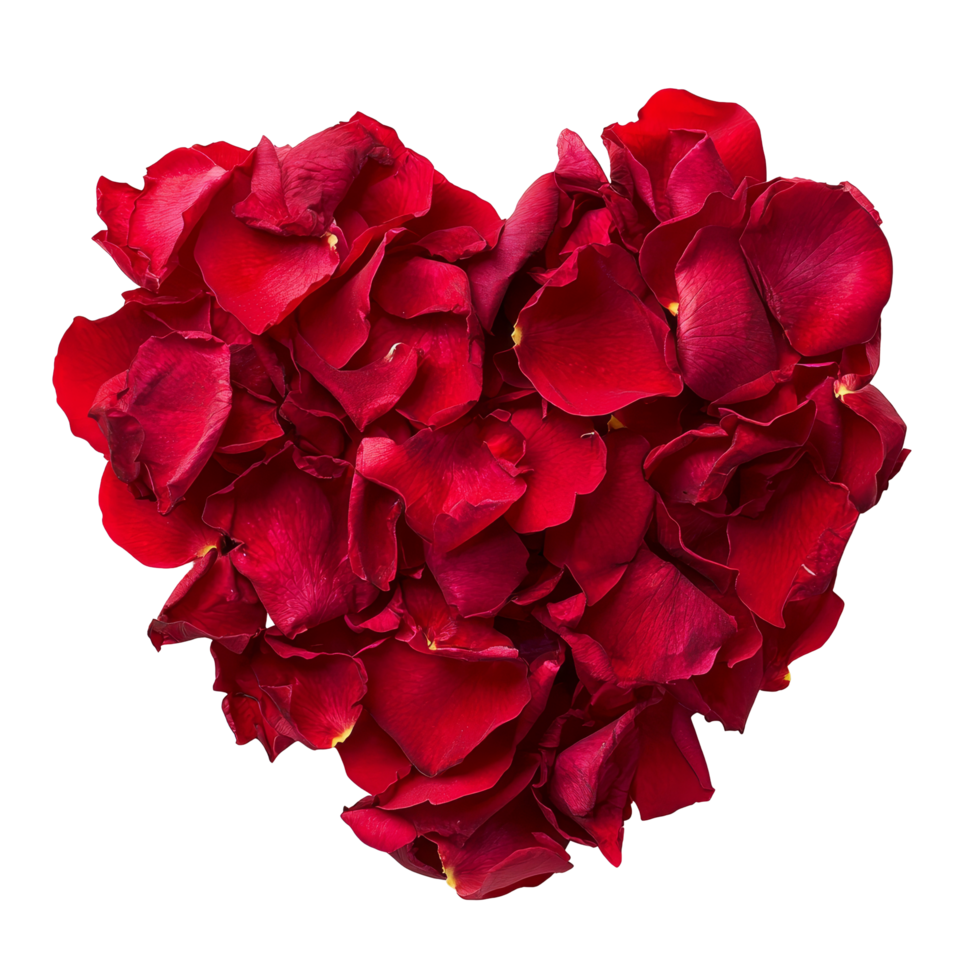 Heartshaped arrangement of vibrant red rose petals isolated on transparent background for romantic occasions, Passionate Heart of Red Rose Petals Isolated on transparent background png
