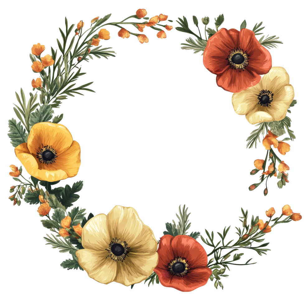 A vibrant circle of flowers with yellow, red, and orange blooms isolated on a transparent background in a design, circle border flowers isolated on transparent background png