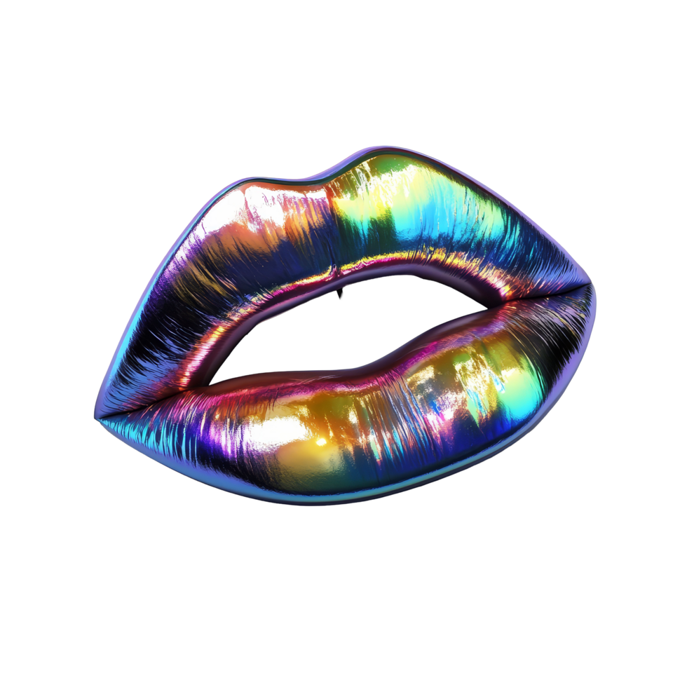 Vibrant chrome rainbow lips with transparent illumination against a clean transparent background, 3d lipsrainbow iluminated chrome color, isolated transparent background png