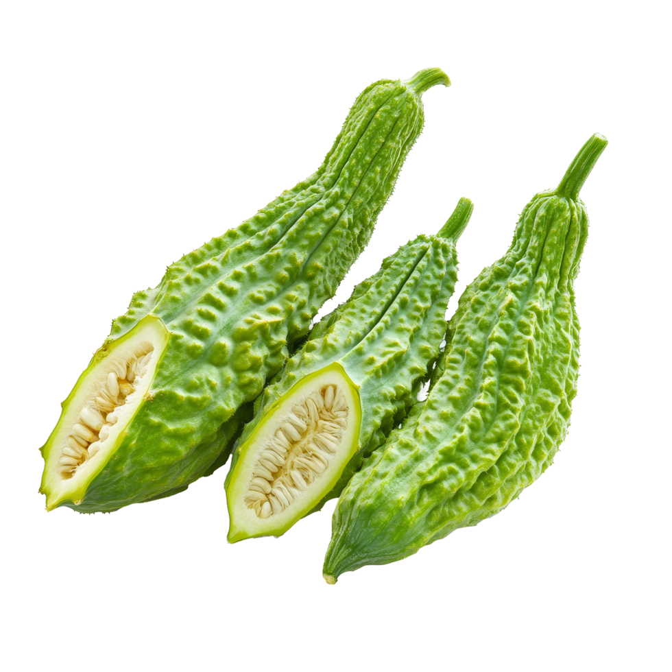 Bitter gourd sliced in half, showcasing its unique texture on a transparent background, Bitter gourd isolated on transparent background png