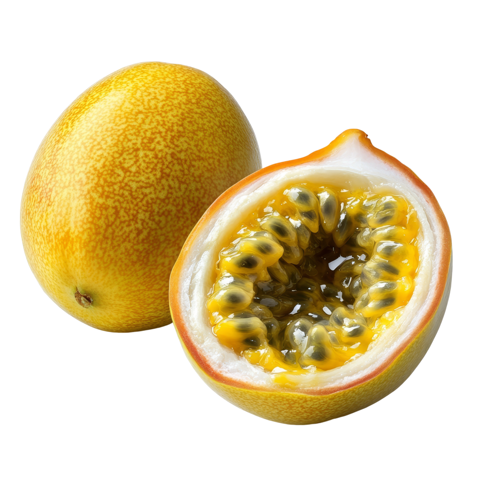 Fresh yellow passion fruit sliced to reveal juicy interior on clean transparent background for culinary use, Yellow passion fruit isolated on transparent background png