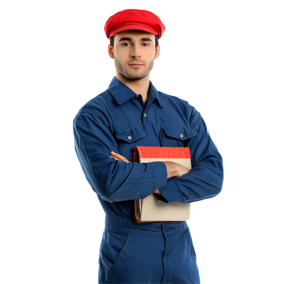 Mailman wearing a red cap and blue uniform poses while holding packages on a transparent background, Mailman isolated on transparent background png