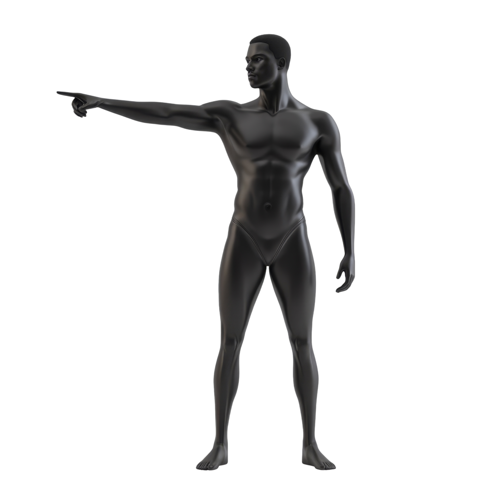A minimalistic depiction of a black man standing and pointing in an isolated setting, pointing black man minimalistic simple 3d isolated on transparent background png