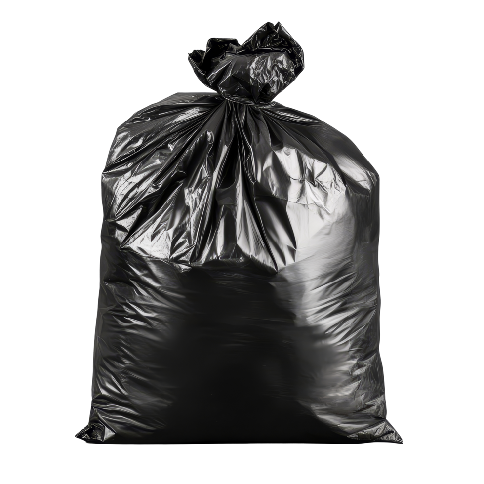 High resolution black garbage bag isolated on a transparent background for use in waste management and cleaning tasks, HighResolution Black Garbage Bag isolated on transparent background png