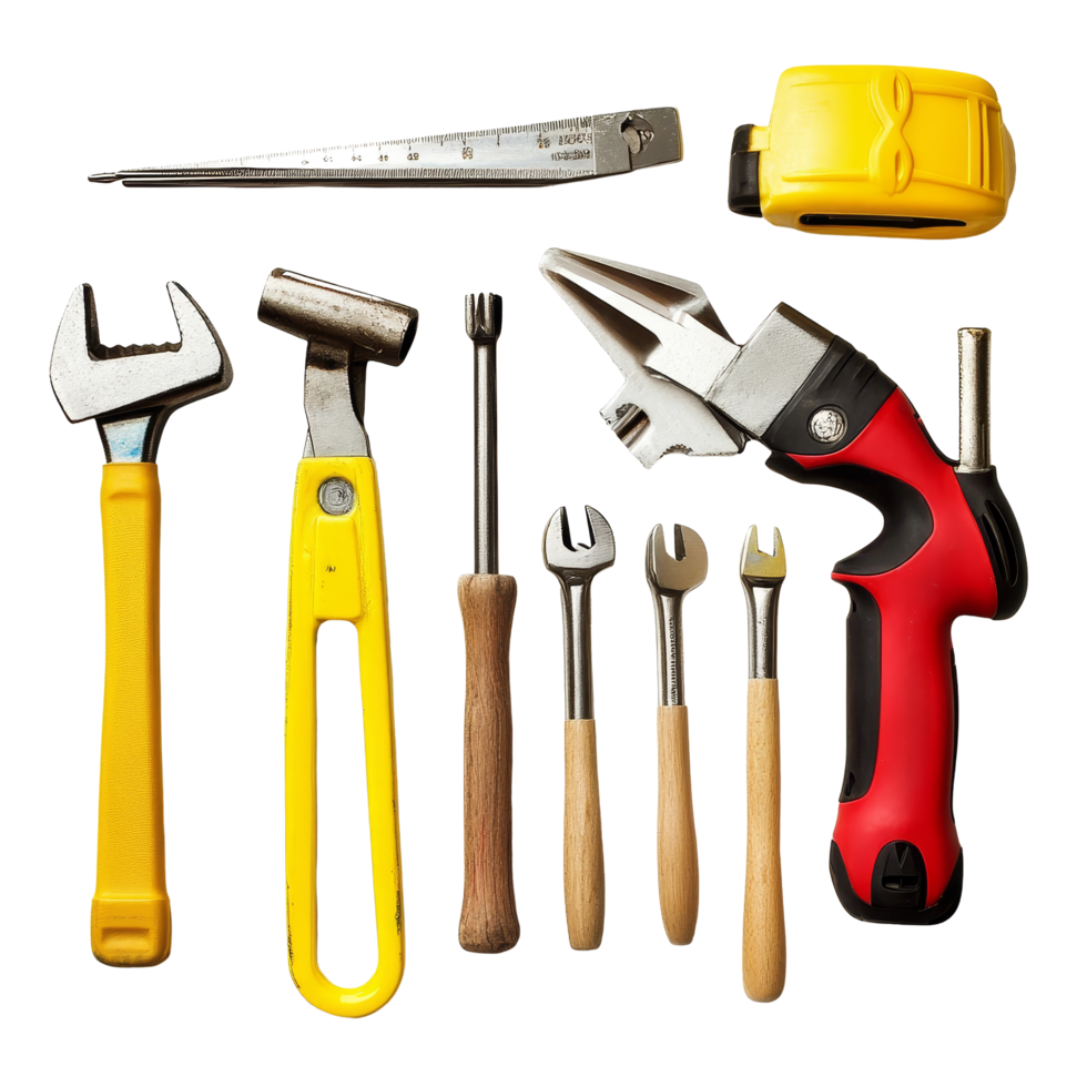 Essential construction tools isolated on a transparent background for DIY projects and professional use, Construction tools isolated png