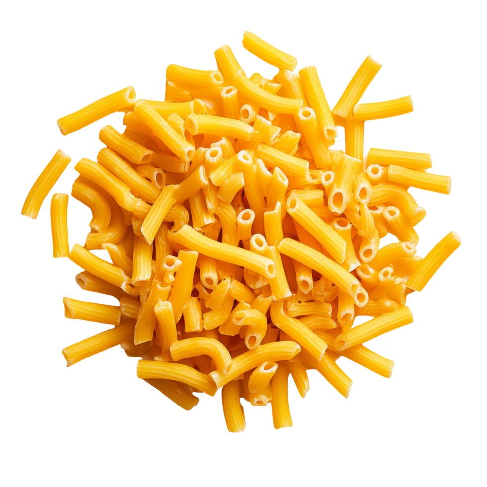 Raw macaroni pasta pieces piled on a clean, transparent background ready for cooking and meal preparation, uncooked macaroni on transparent background png
