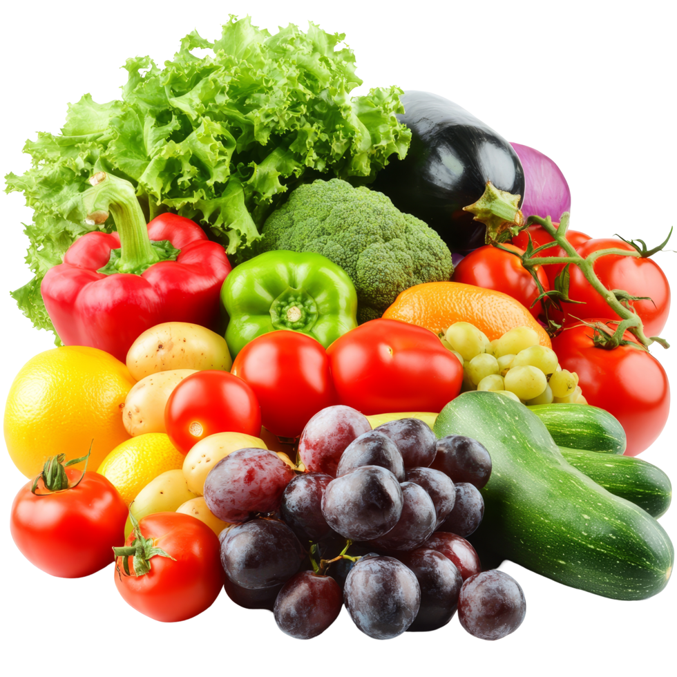 Fresh assortment of colorful vegetables and fruits on a transparent background, showcasing a healthy food selection, vegetables and fruits on transparent background png