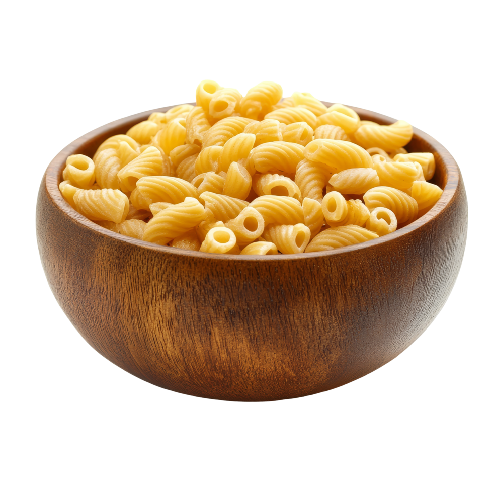 Closeup of macaroni pasta in a wooden bowl isolated on a transparent background, macaroni pasta close up in wood bowl isolated on transparent background png