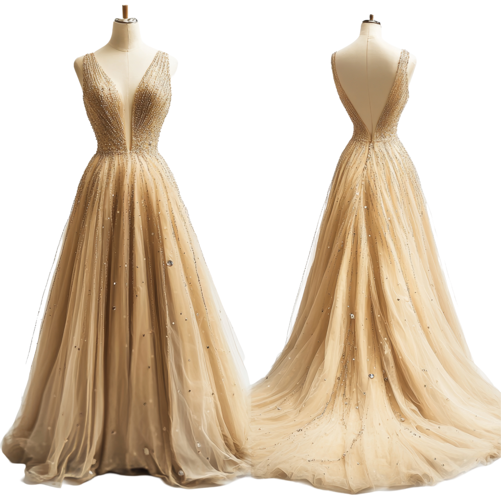Elegant beige beaded gown mockup showcasing front and back designs with delicate detailing and flowing fabric, Elegant Beige Beaded Gown Mockup from Front and Back Views on transparent background png