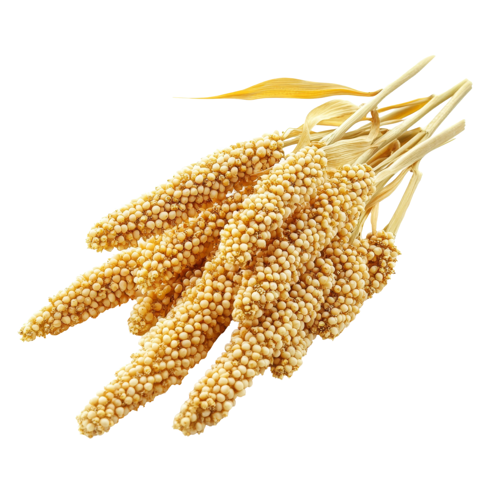 Freshly harvested millet bundles displayed against a clean transparent background, Millet isolated on transparent background png