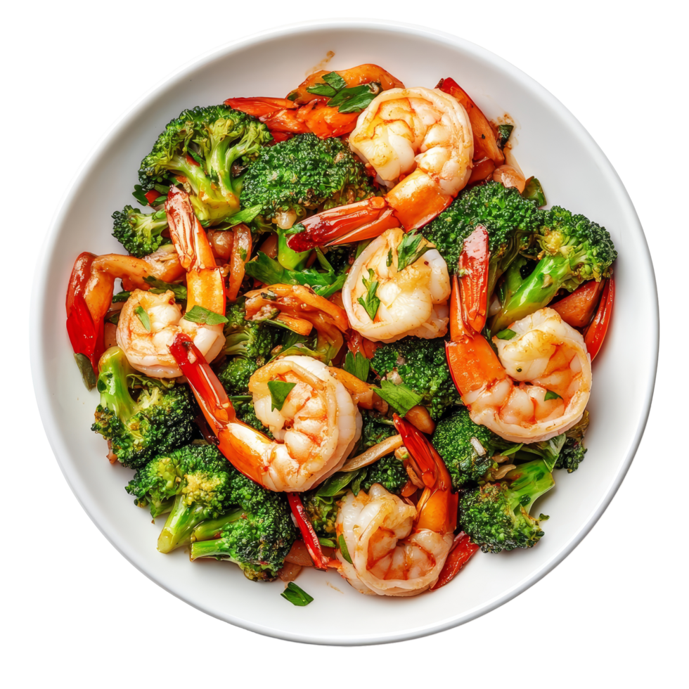 Healthy Thai stirfried broccoli with shrimp served on a transparent plate for a nutritious meal option, Thai healthy food stirfried broccoli with shrimp on transparent background png