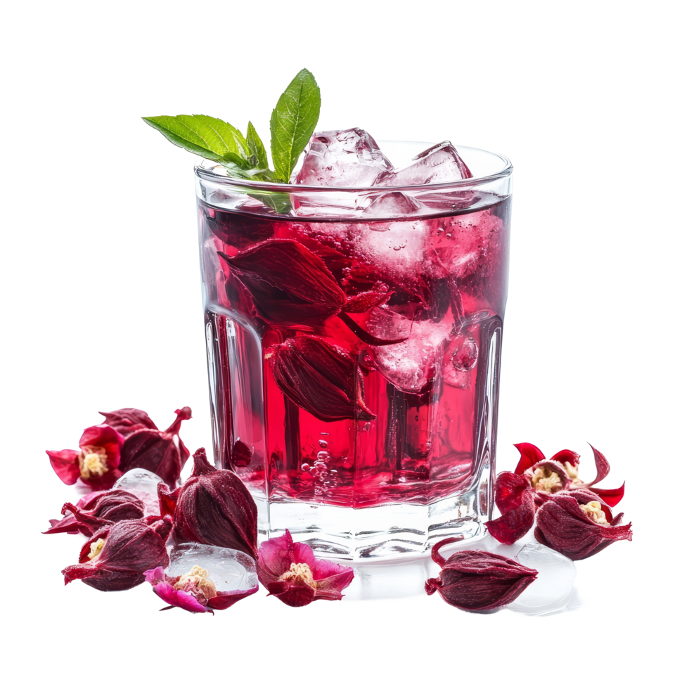 Refreshing roselle flower juice with ice served in a glass, perfect for warm days and gatherings, roselle flower juice in glass with ice isolated on transparent background png