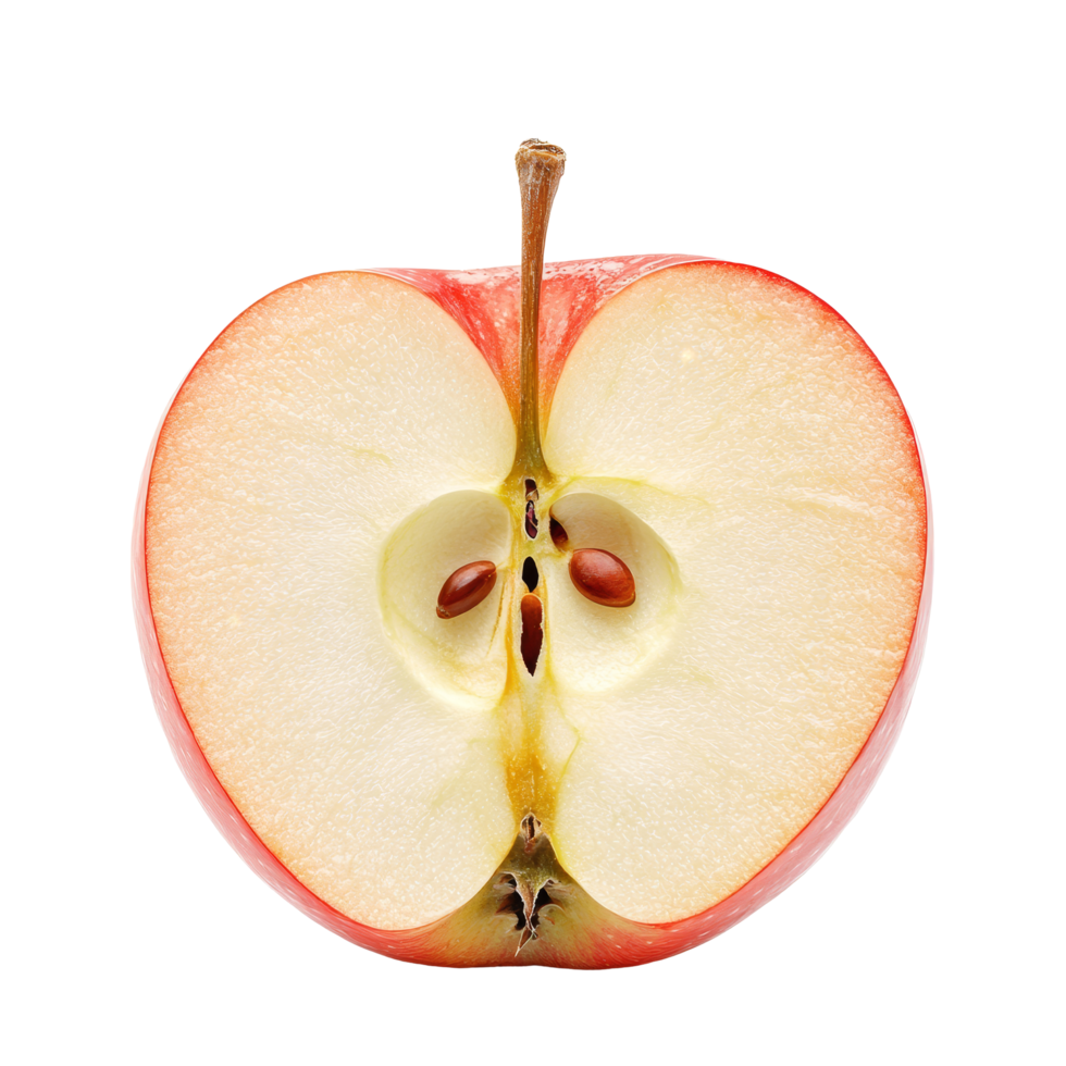 A fresh half apple showcasing its juicy interior and seeds against a clean transparent background for culinary inspiration, half apple isolated on transparent background png