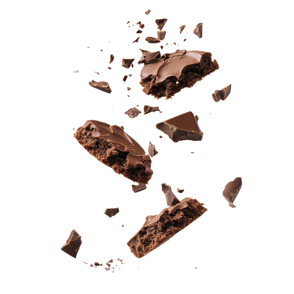 Broken chocolate cookies falling gracefully against a clean transparent background, capturing a moment of delicious chaos, Falling broken chocolate cookies on transparent background png