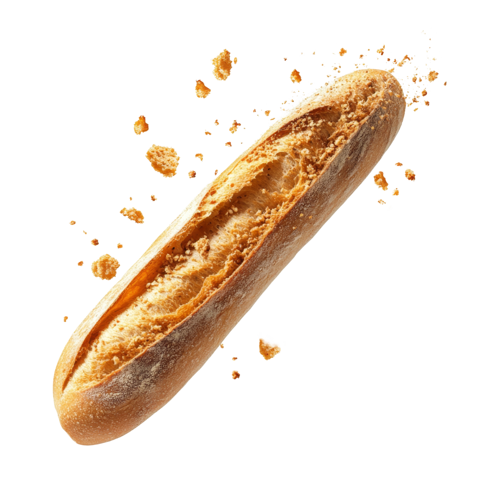 Freshly baked baguette with crisp crumbs floating in midair highlighting its delightful texture and appearance, Fresh Baguette with Crisp Crumbs Floating isolated on transparent background png