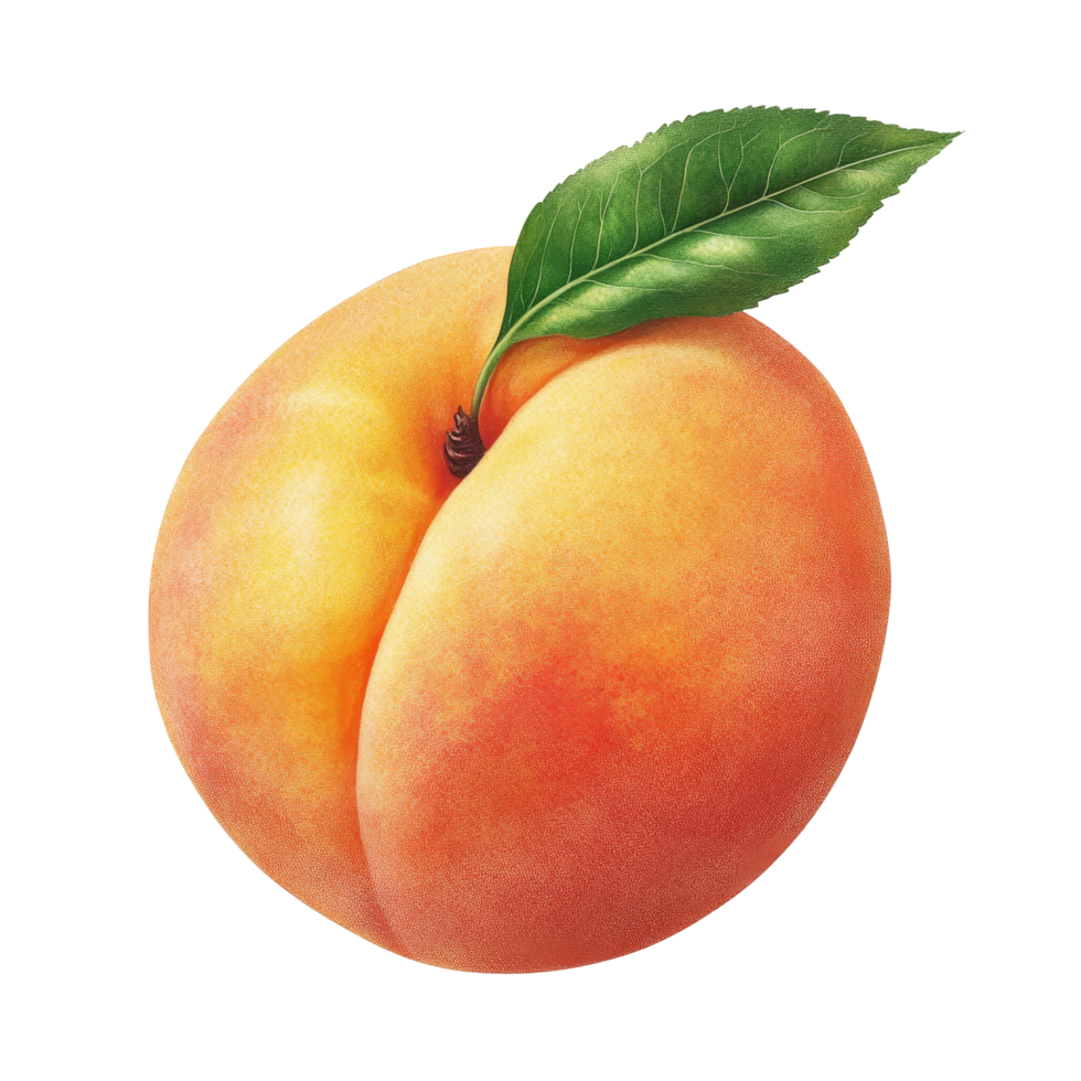 Fresh flat peach fruit with leaf isolated against a transparent background showing its smooth texture and vibrant color, Flat peach fruit isolated on transparent background png