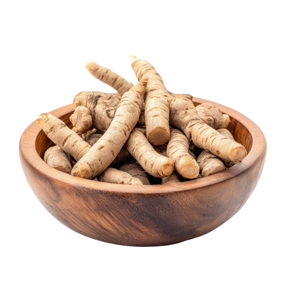 Kaempfer or finger root herb placed in a wooden bowl isolated on a plain transparent background, Kaempfer or finger root thai herb in wood bowl isolated transparent background png