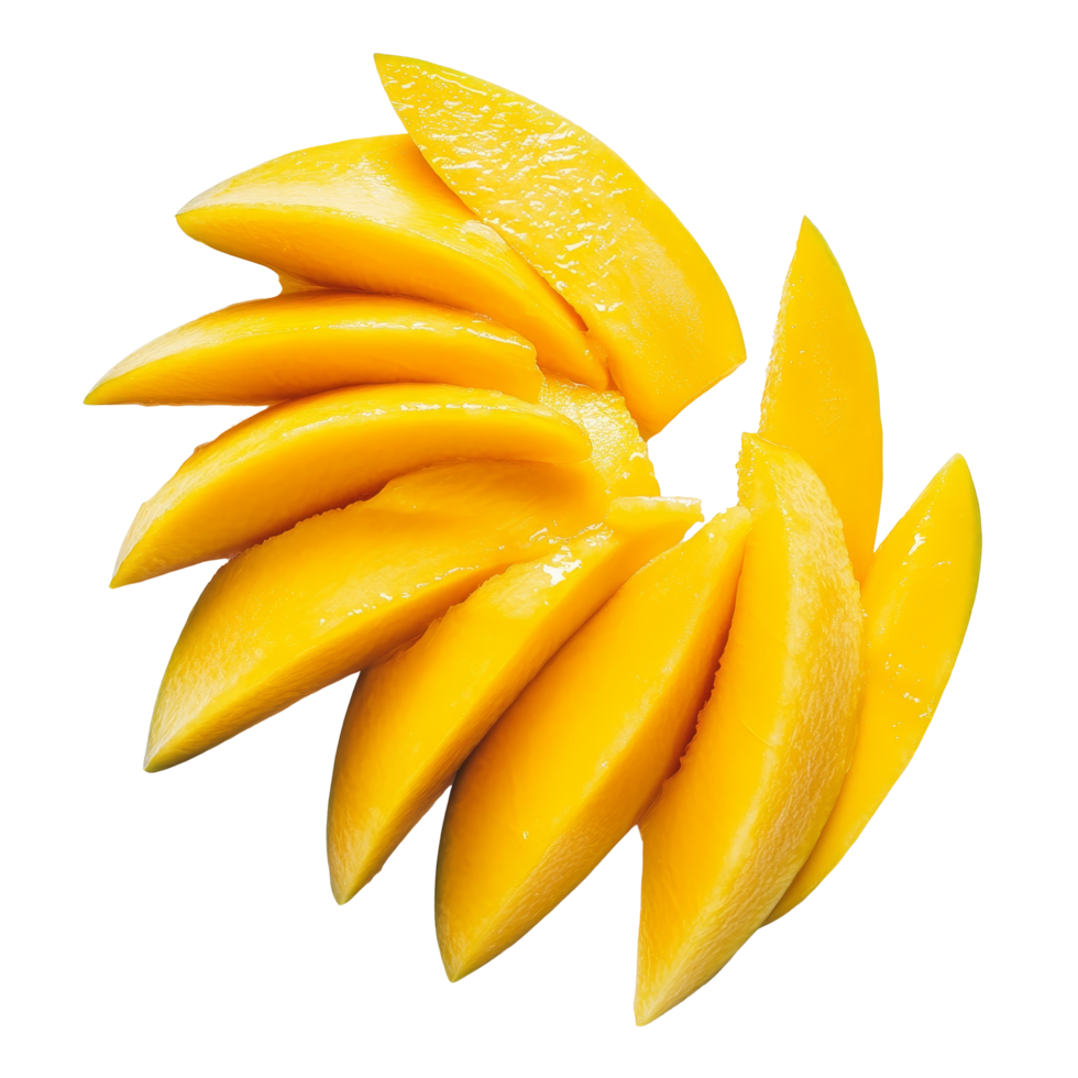 Freshly sliced mangos arranged beautifully on a bright transparent background, perfect for summer desserts and snacks, sliced mangos isolated on transparentor transparent background png