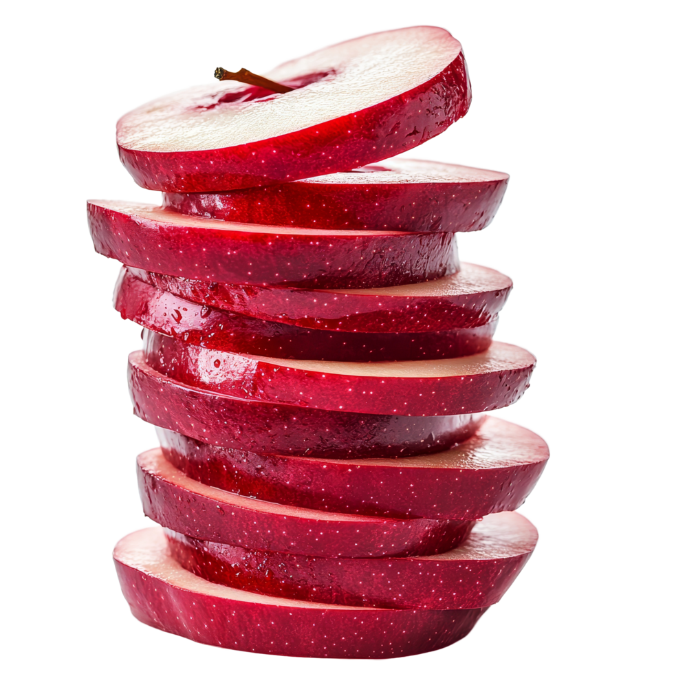 A stack of fresh red sliced apples on a clean transparent background showcasing their natural shine and texture, stack of red sliced apples isolated on transparent background png