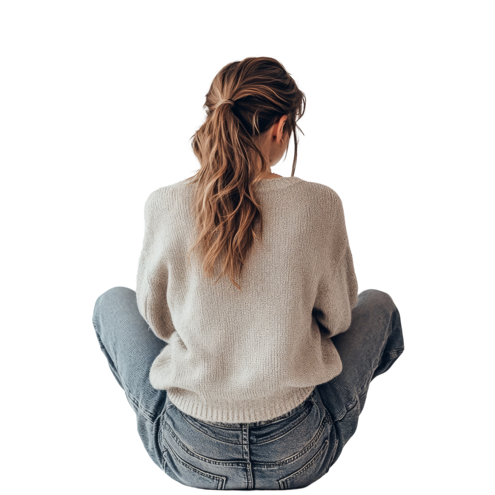 A woman sitting casually on a soft surface while enjoying some peaceful solitude in a light space, Back View of a Woman Sitting in Casual Outfit on transparent background png